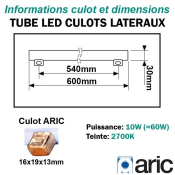 Dimensions tube LED 10W ARIC 54003 avec culots latéraux