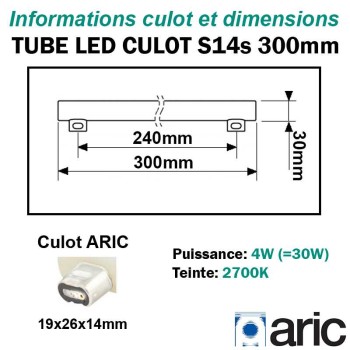 Dimensions Tube LED 4W ARIC avec culots latéraux S14s