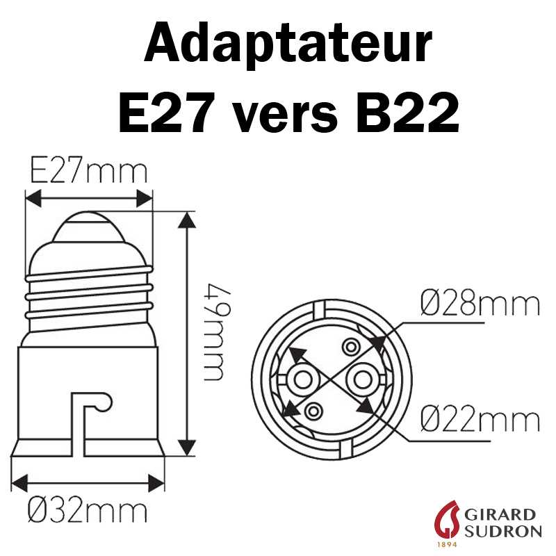 Adaptateur pour ampoule avec un culot B22 sur une douille E27