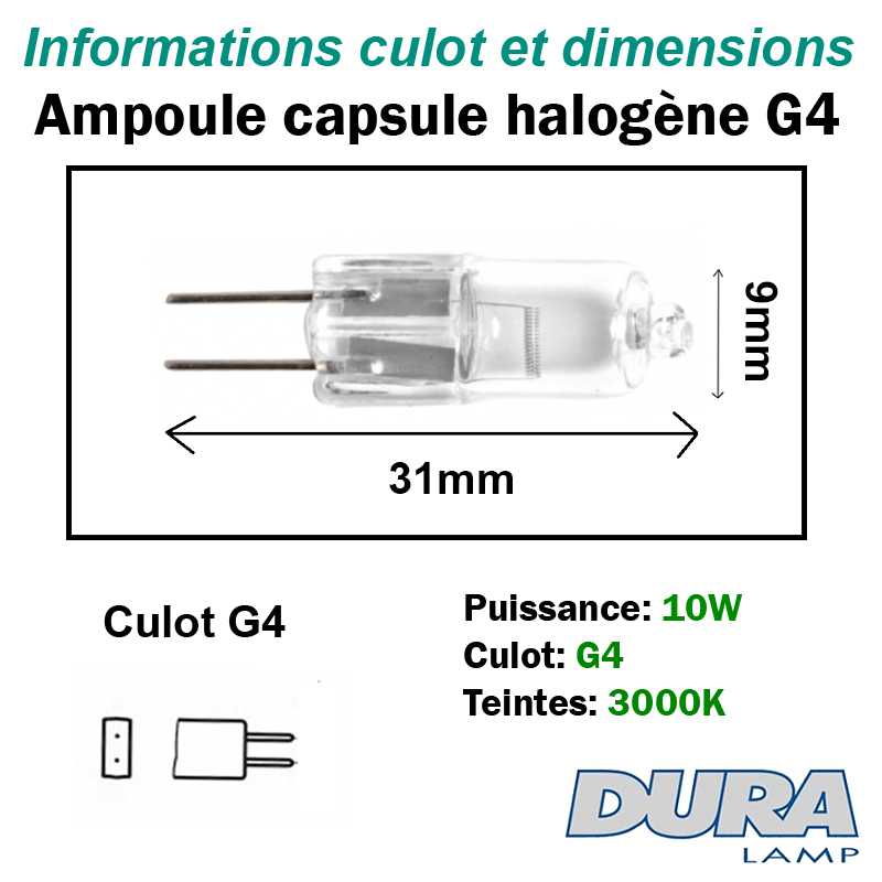 Ampoule 10W G4 - lampe capsule halogène 12V - DURALAMP 01946