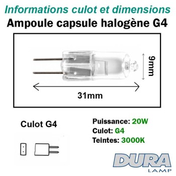 Ampoule 20W G4 - Lampe capsule halogène 12V