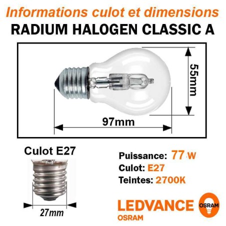 Ampoule Standard Eco halogene 77W E27 230V RADIUM