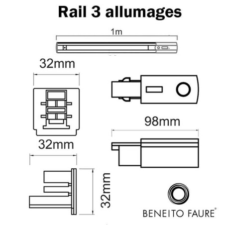Rail 3 allumages 1m - Rail 3 x 16A