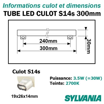 Tube LED 30cm - Culots latéraux S14s 3.5W