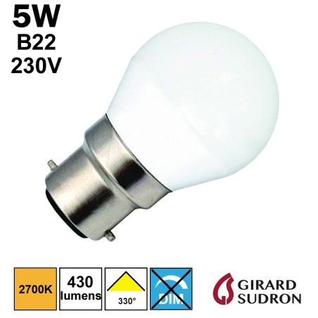 Ampoule LED sphérique dépolie 5W B22 230V