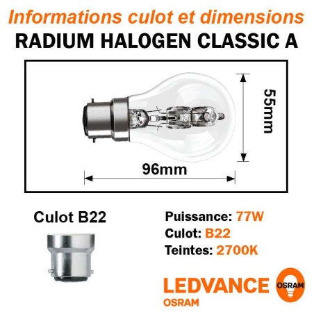 Ampoule Standard Eco halogene 77W B22 240V RADIUM