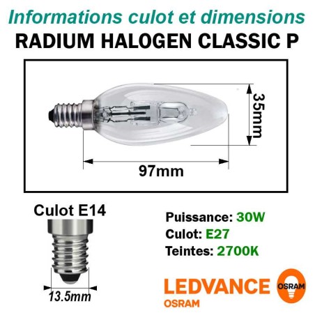 Ampoule Eco-halogene Flamme Lisse 30W E14 230V RADIUM
